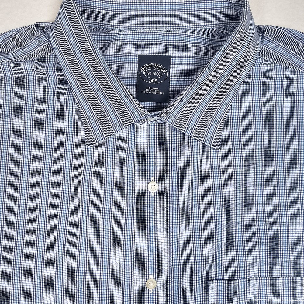 Brooks Brothers Shirt Mens 18.5 34/35 Blue Plaid Button Up Long Sleeve Non Iron - Picture 3 of 6